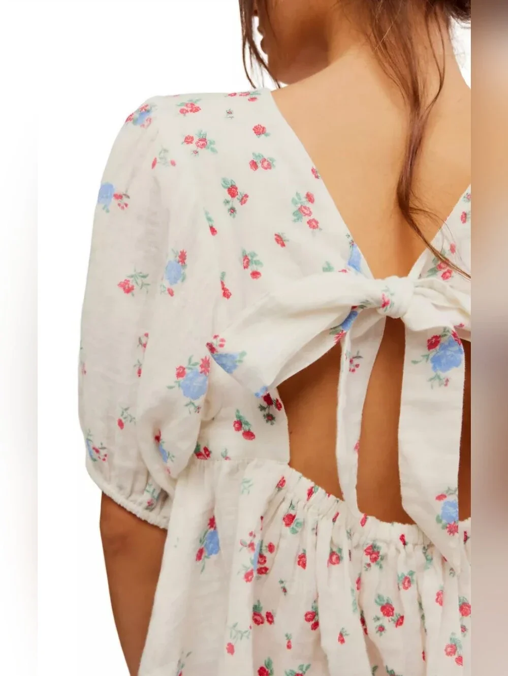 Free People Chloe Floral Puff Sleeve Tie Back Blouse Cotton Gauze White P/S